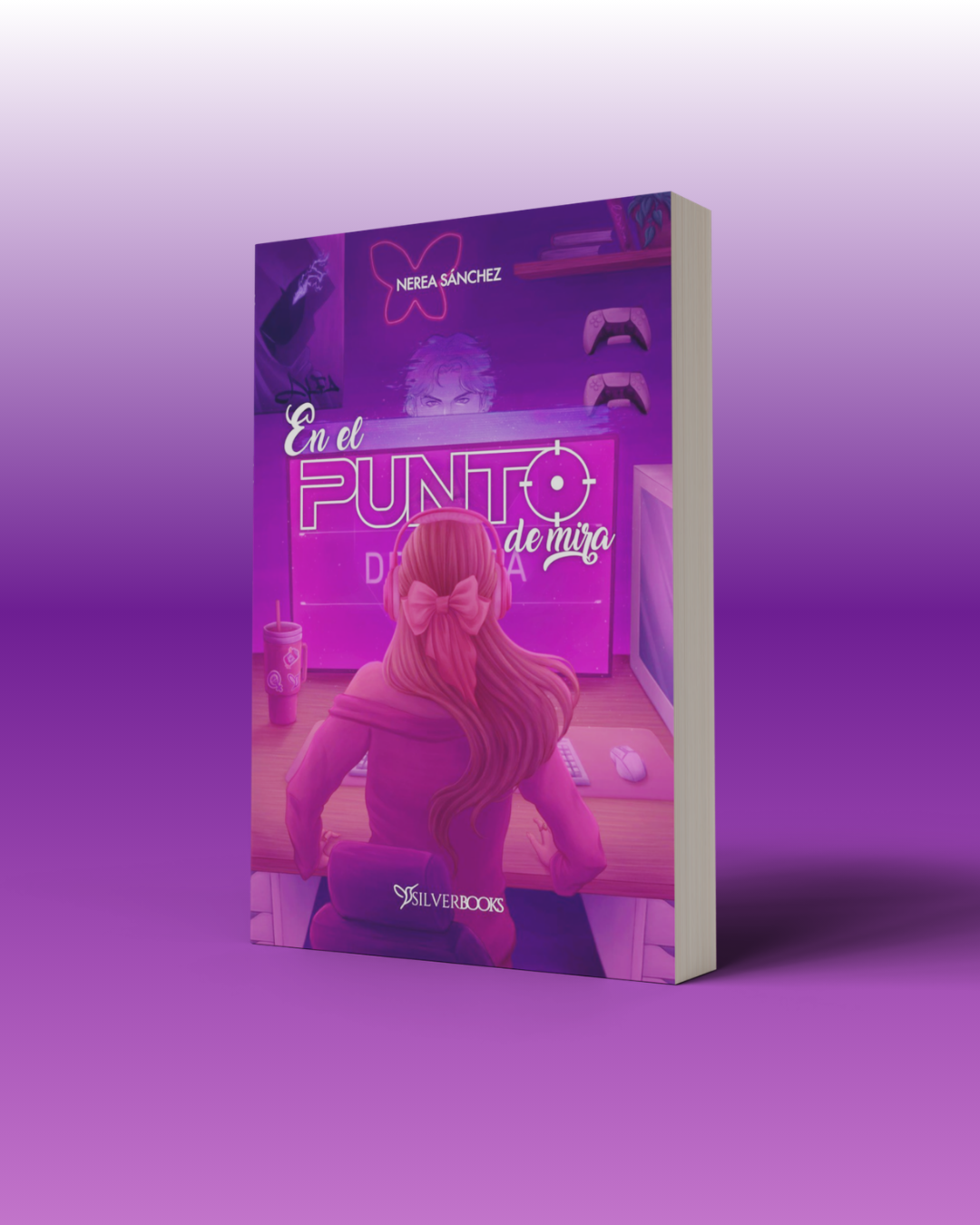 En el punto de mira, libro rosa y morado con leds, libro con una pantalla y dos personajes, libro gamer